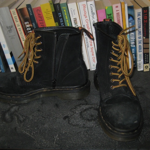 black suede Dr. Martens w/ side zip and Dr. Martens yellow/burgundy laces - Picture 3 of 4